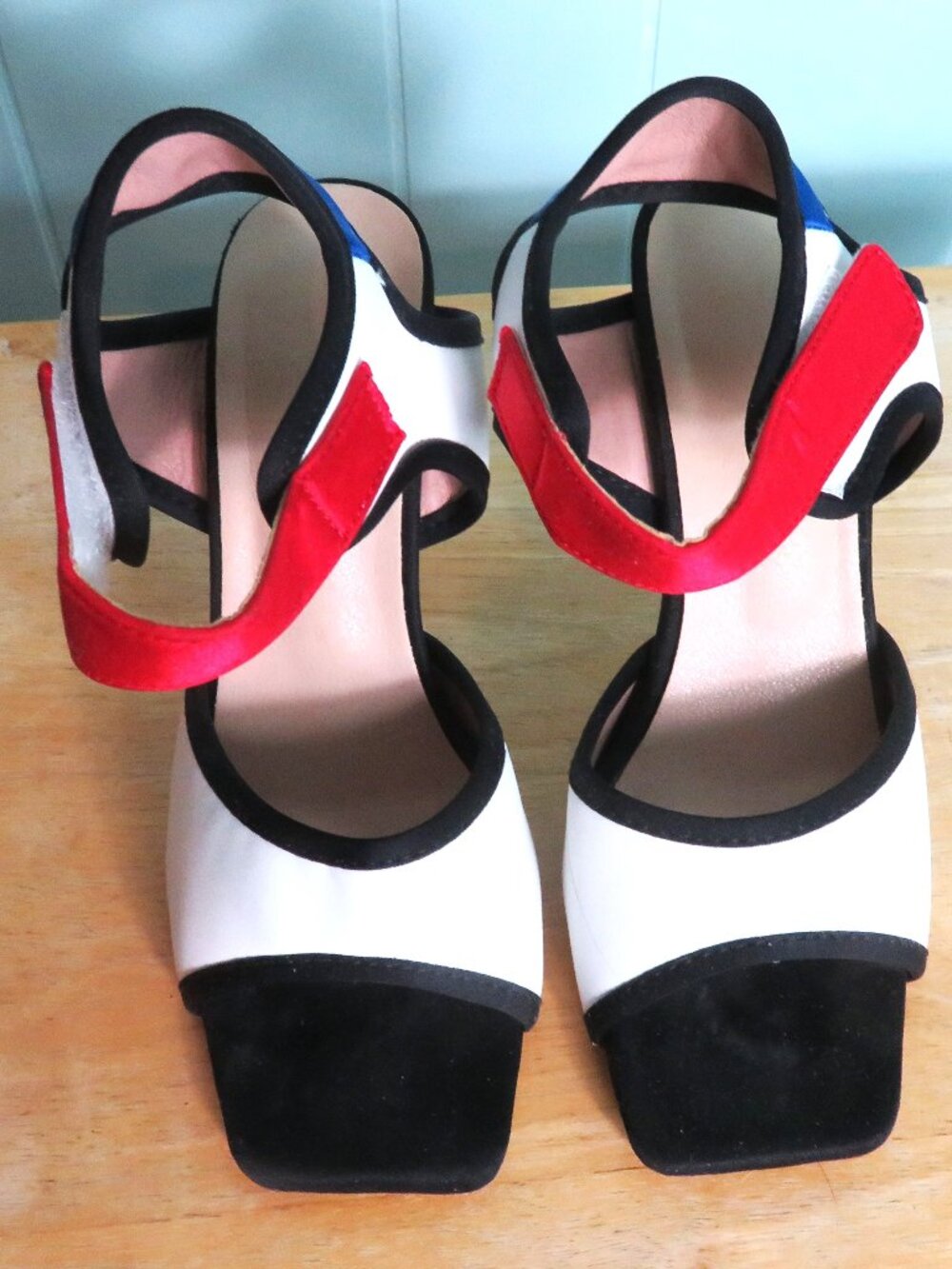 High Heel Sandals Square toe Red, White, & Blue Shoes. Size 38 (7)